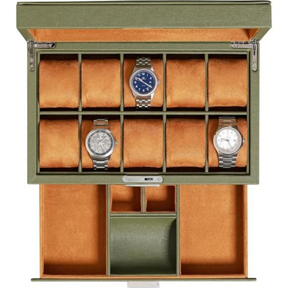 Leather Watch Box with Glass Top 10 Slot Display Valet Drawer Jewelry Holder - Picture 1 of 7